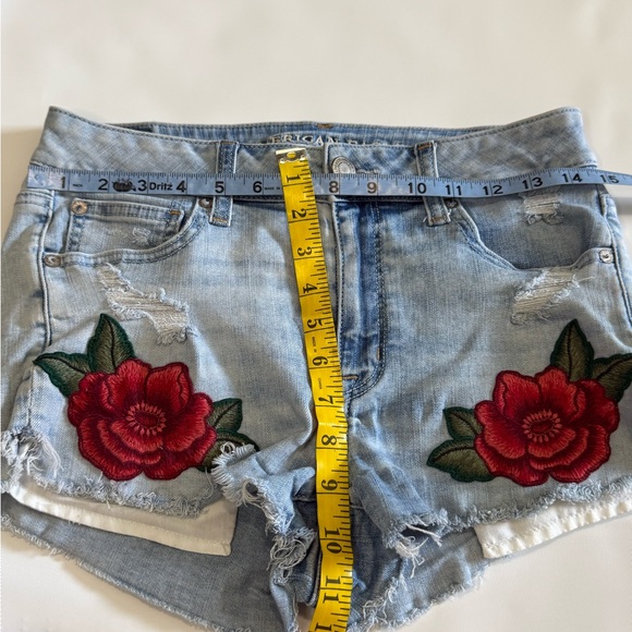 American Eagle Embroidered denim hi-rise short with red rose accent in size 8 - Picture 5 of 9